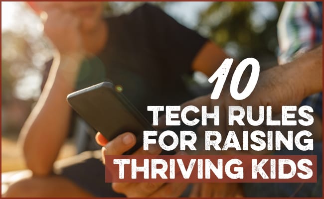 Person holding a smartphone with text overlay: "10 Parenting Rules for Raising Kids in a High-Tech World.