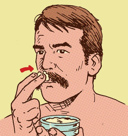 3 Man applying mustache wax to facial hair illustration.