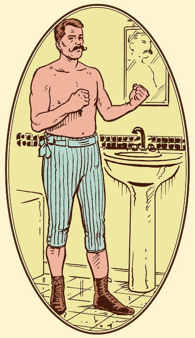 5 Man with handlebar mustache in boxing pose illustration.