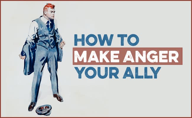 Illustration of an angry man in a suit with fists clenched, next to the text: "How to Make Anger Your Ally," highlighting the power of anger management and emotional intelligence on a plain background.