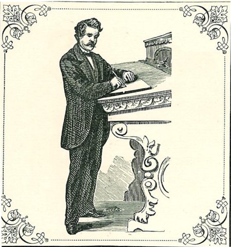 man writing engraving Victorian man standing and writing letter engraving.