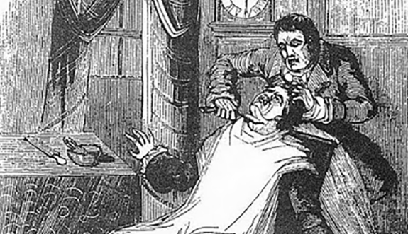 An illustration of a man being shaved in black and white.