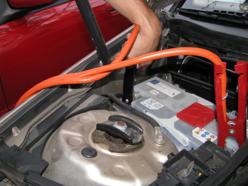 jumper cables Connect black cable to negative terminal of good battery.