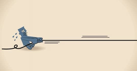 Illustration of a blue figure pulling a taut rope, appearing to struggle with self-control, as motion lines and sweat drops highlight the effort.