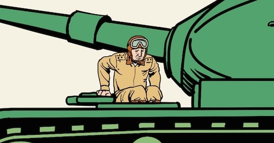 A person wearing goggles and a helmet is sitting on top of a green military tank, next to the turret, ready to learn how to drive a tank.