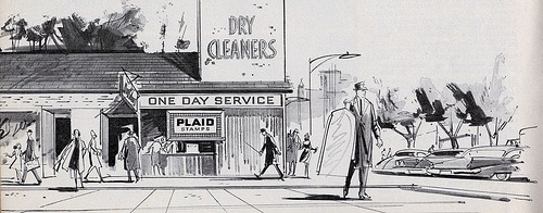 A black and white drawing of a street scene featuring a man's guide.