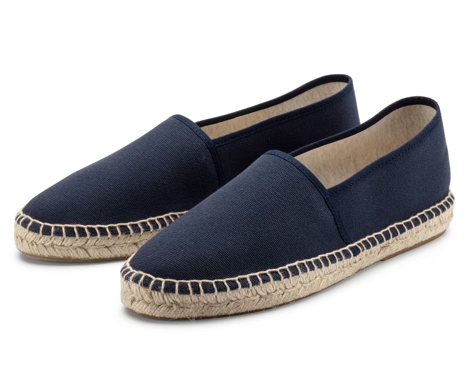 A pair of navy blue canvas espadrilles with jute-wrapped soles, perfect as men’s summer footwear, photographed against a white background.