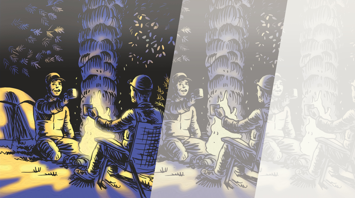 A drawing of a group of people sitting around a campfire, showcasing the bonds of friendships.