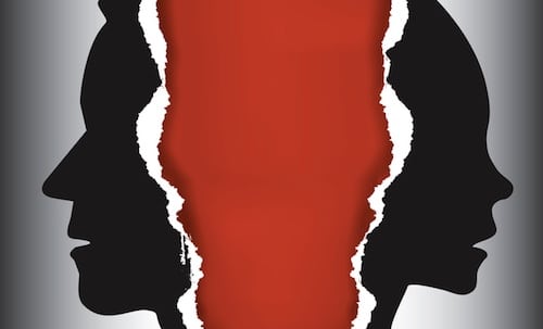 Silhouetted profiles facing each other with a torn divide between them, symbolizing the aftermath of infidelity.