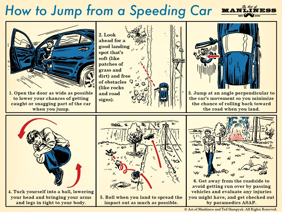 How to jump from a speeding car illustration.