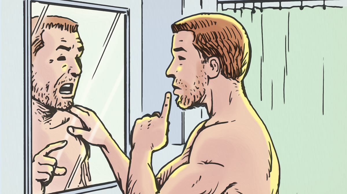 A man is stopping negative self-talk while looking at himself in the mirror.