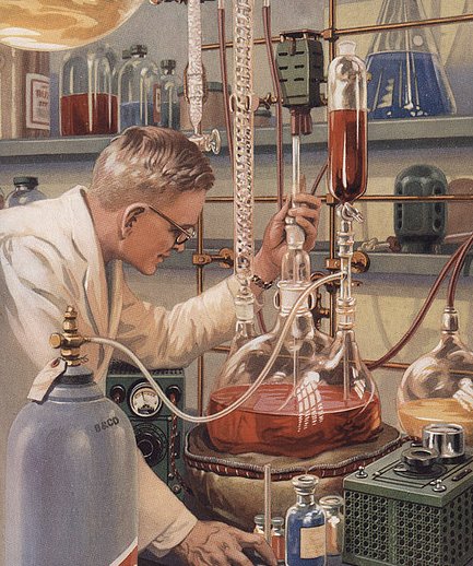 A man in a lab coat is conducting an experiment on a beaker.