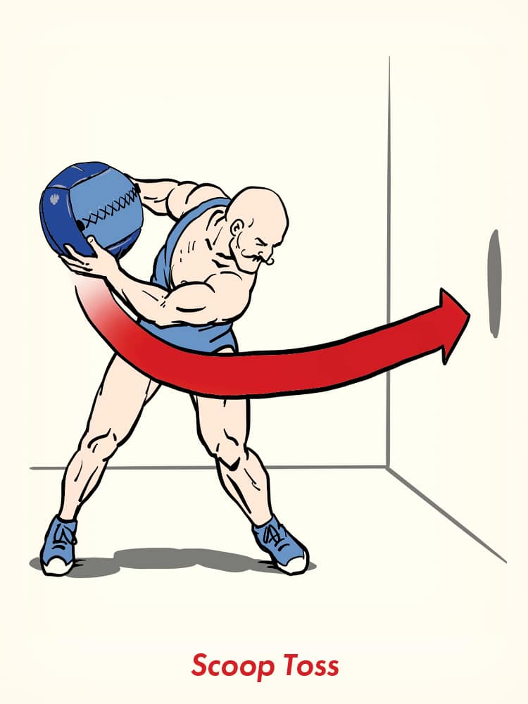 Illustration of a person performing a scoop toss, throwing a medicine ball underhand against a wall with a red arrow indicating the motion—perfect for demonstrating medicine ball fitness exercises.