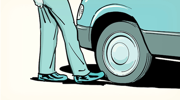 A man is standing next to a blue car, conducting maintenance.