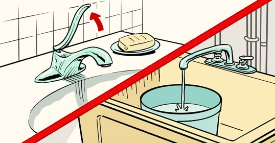 Illustration split in two: the left side shows a bathroom sink with a running faucet and soap, while the right highlights hidden water sources by filling a bucket from a laundry sink—useful for your home water supply in emergencies.