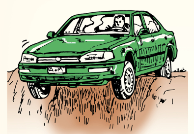A green car driving down a hill, seemingly on the verge of plunging off a cliff.