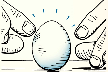 A drawing of two hands attempting to balance an egg.