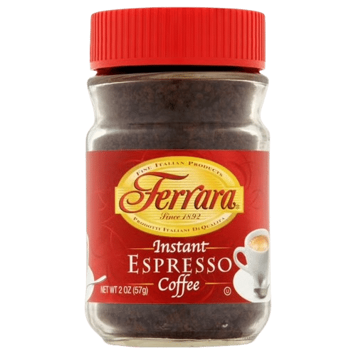 A jar of Ferrara Instant Espresso Coffee with a red lid and label, containing 2 oz (57g) of instant coffee, shown against a plain white background.