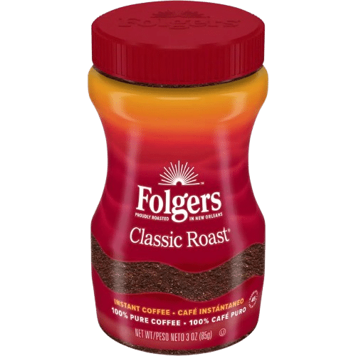 A jar of Folgers Classic Roast, often called the best instant coffee, features a red lid and label displaying the brand name and product details.
