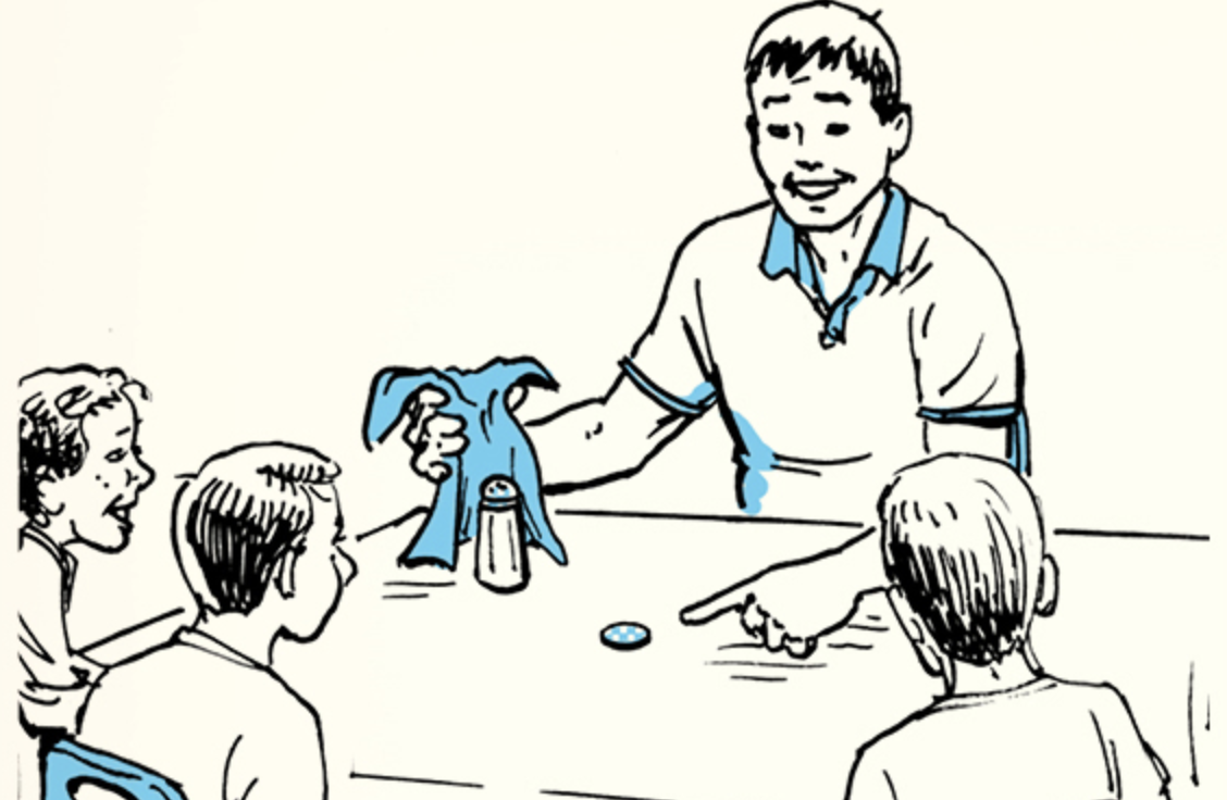 A man showing Cool Uncle Tricks to a group of children in a cartoon.