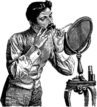 A man is brushing his vintage beard in front of a mirror.